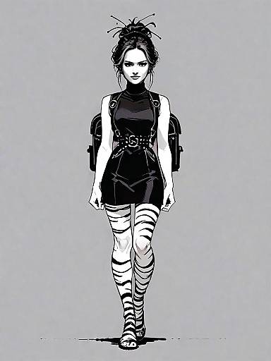 Black and White Comic Style Woman Full Body Illustration with Striped Stockings
