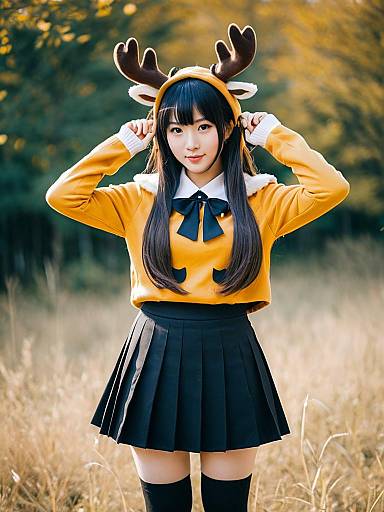 Moose Cosplay Woman in Yellow Sweater and Black Skirt Outdoor Autumn