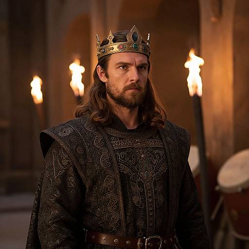 Medieval King in Ornate Crown and Embroidered Robe with Torches
