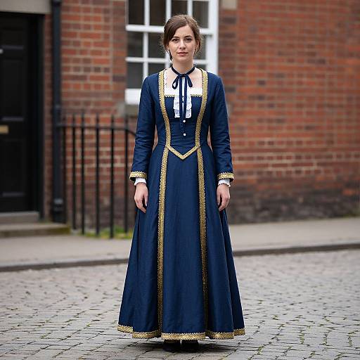 Woman in Elegant Navy Blue 18th Century Style Historical Dress on Cobblestone Street