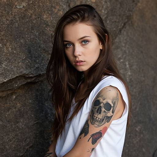 Portrait of Woman with Skull Tattoo and Blue Eyes Near Rock Wall