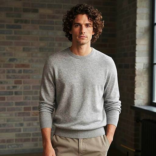 Young Man in Gray Sweater Standing Indoors with Curly Hair
