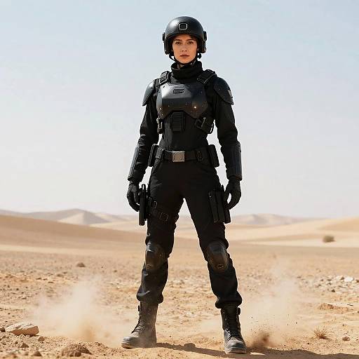 Woman in Futuristic Tactical Armor Standing in Desert Landscape
