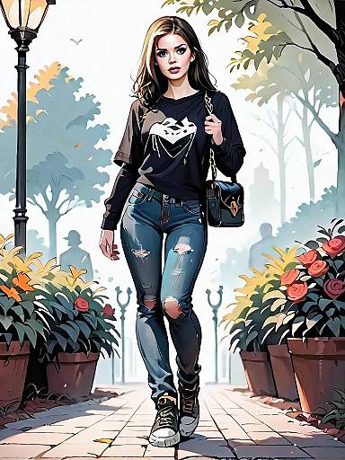 Realistic Comic Style Woman Walking in Urban Park Full Body Illustration