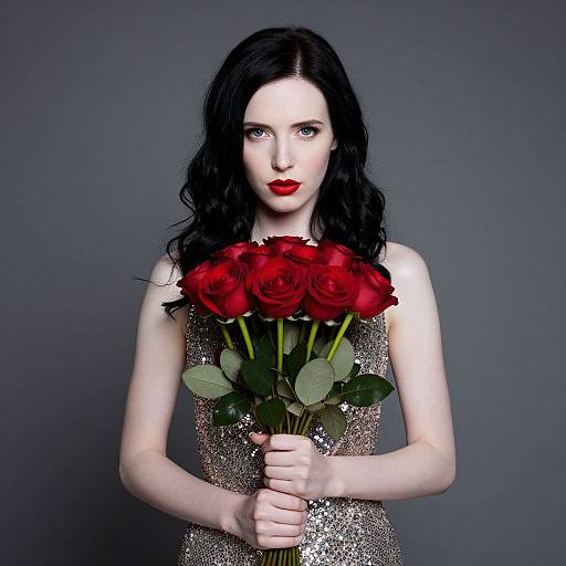 Elegant Woman Holding Red Roses in Silver Sequin Dress