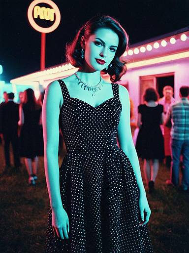 Woman in Retro Polka Dot Party Dress Photorealistic Outdoor Neon Portrait