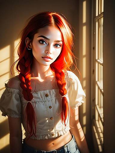 Young Woman with Red Braided Hair in Warm Sunlight By Window