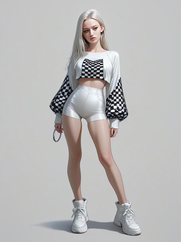 Modern Street Style Woman in Checkered Crop Top and Silver Shorts