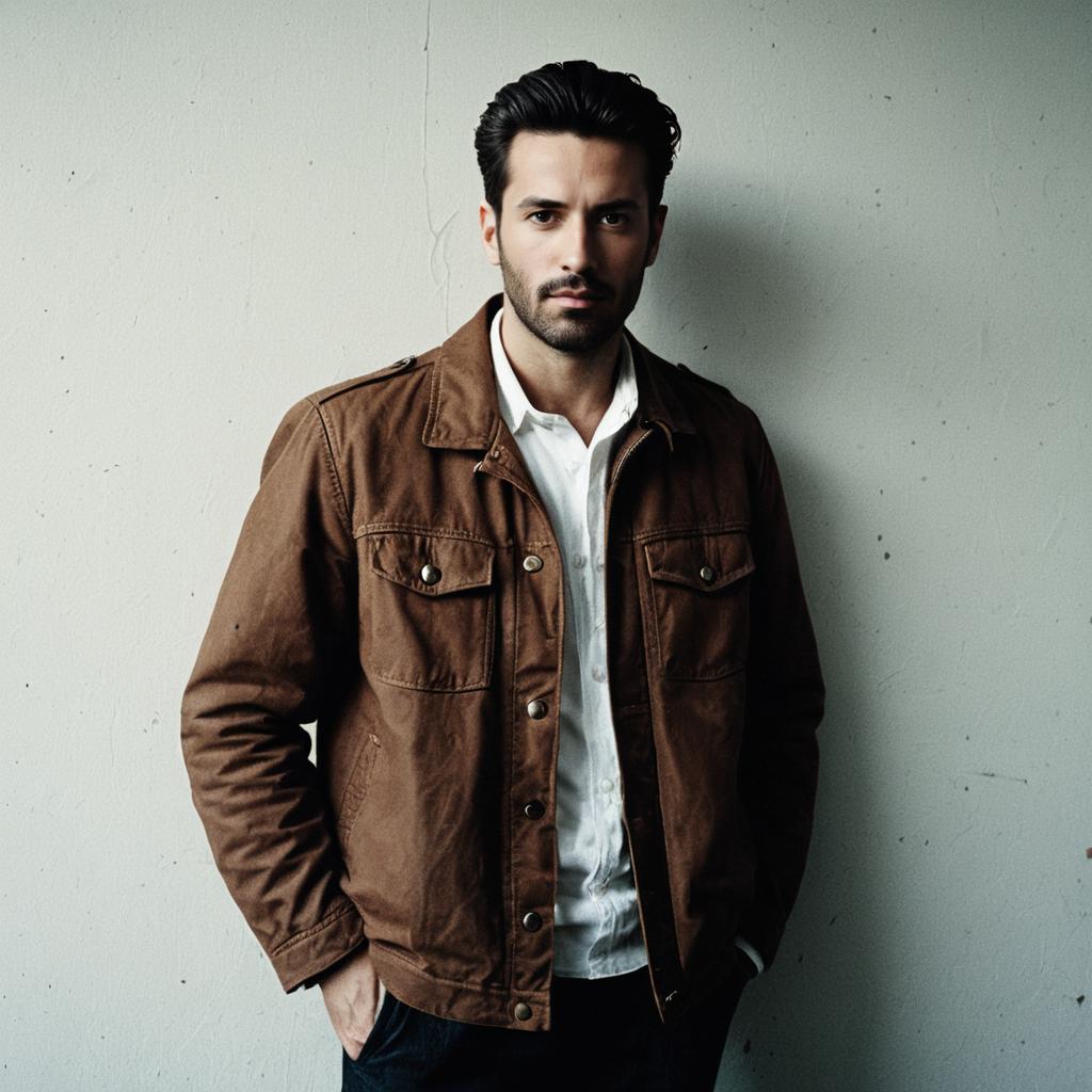 Stylish Man in Brown Jacket and White Shirt Standing Against Textured Wall