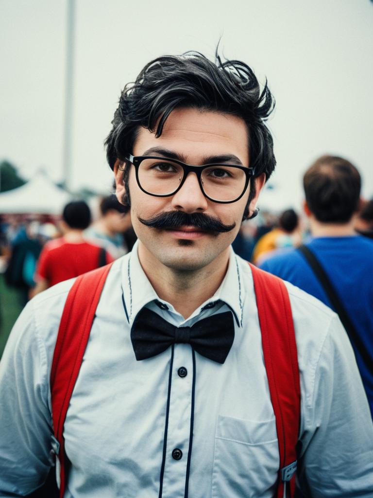 Man in Nerd Costume with Mustache at Cosplay Festival Portrait