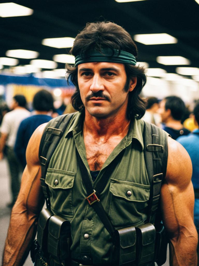 Man in Rambo First Blood Costume Candid Portrait at Cosplay Festival