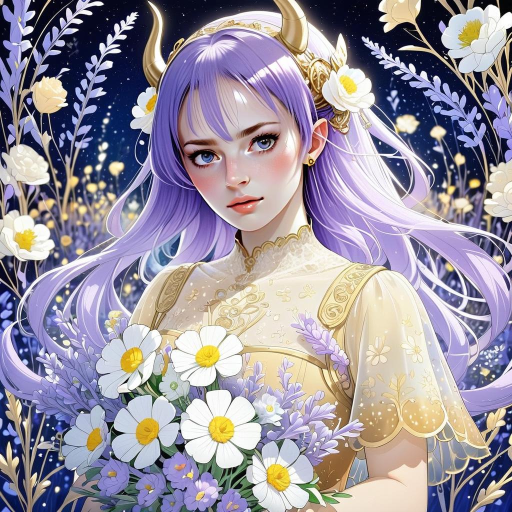 Ethereal Woman with Lavender Hair and Floral Bouquet Ethereal Woman with Lavender Hair and Floral Bouquet