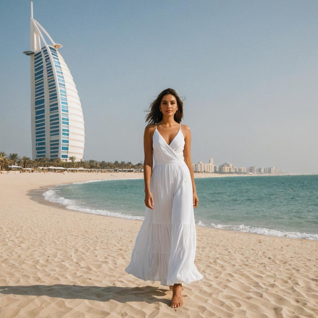 Woman in White Dress on Dubai Beach with Burj Al Arab