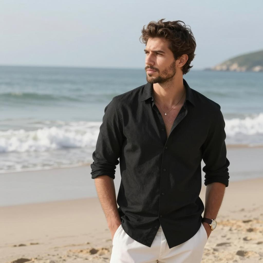Stylish Young Man in Black Shirt Standing on Beach