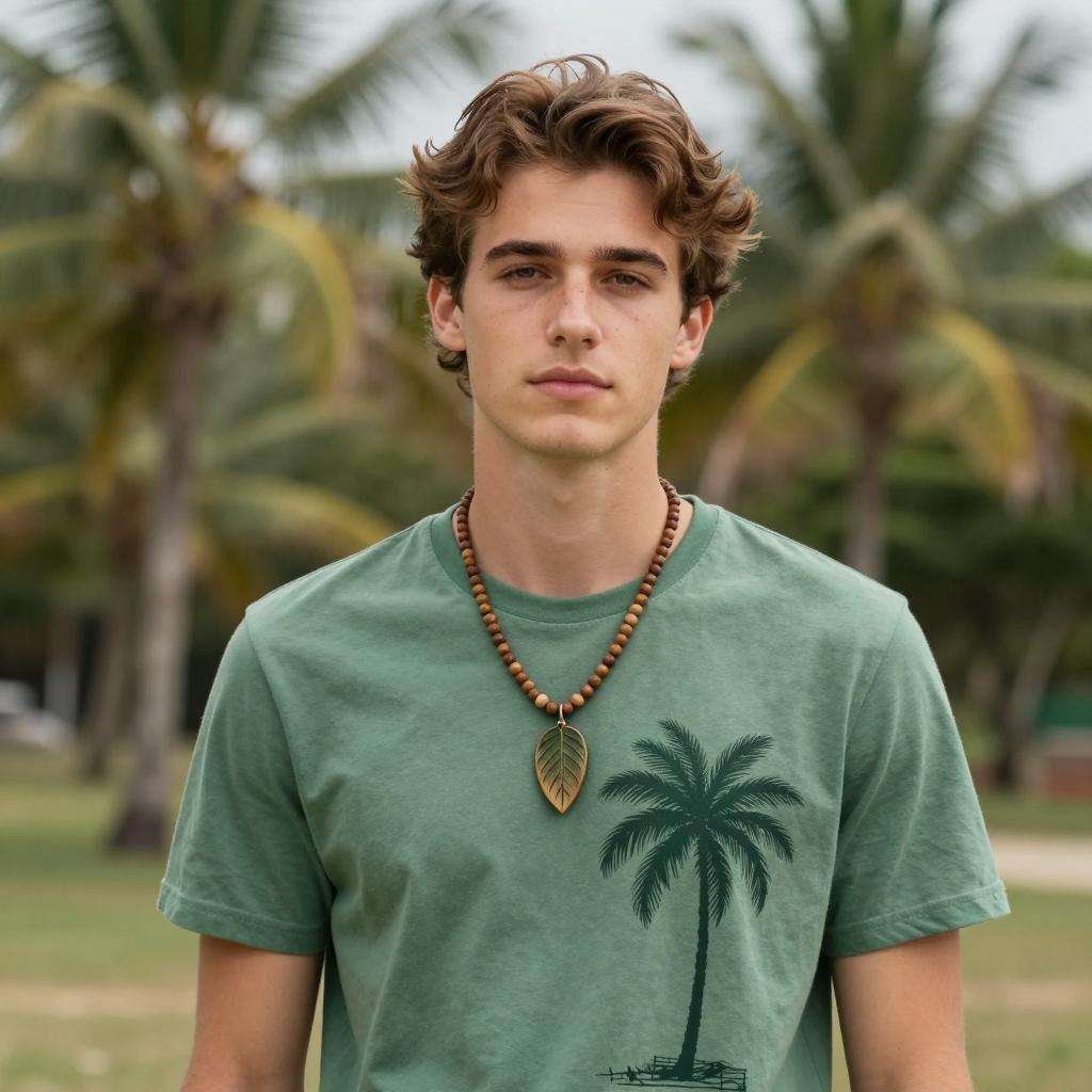 Young Man Wearing Palm Tree T-Shirt and Leaf Necklace Outdoors