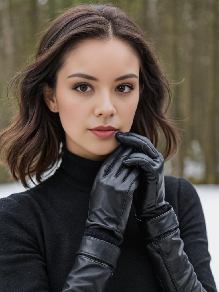 Elegant Woman in Black Leather Gloves in Snowy Woodland