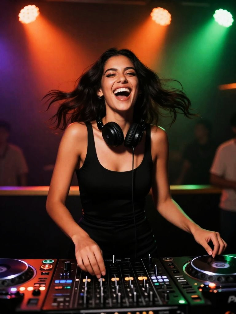 Energetic Gen Z Woman DJ Mixing Music at Nightclub