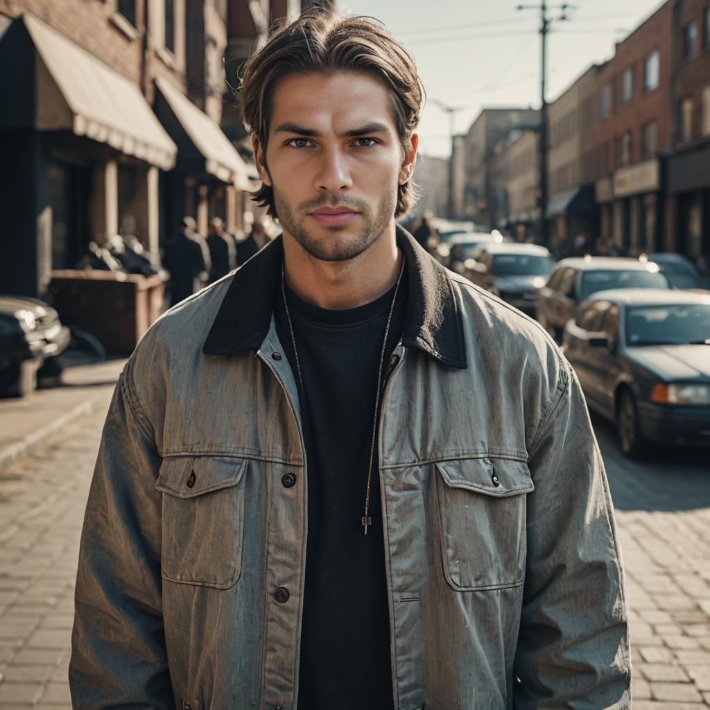 Confident Young Man in Stylish Jacket on Bustling Street