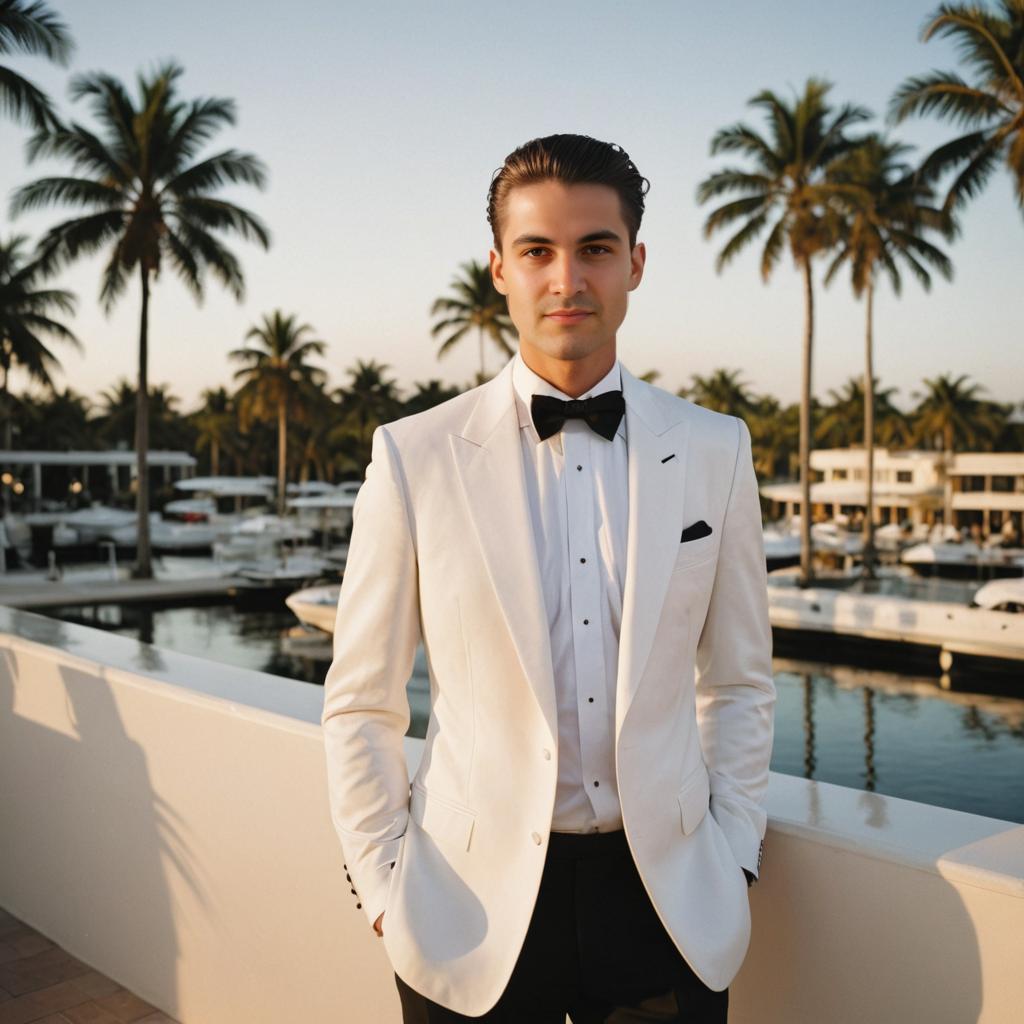 Stylish Man in White Tuxedo at Luxury Marina during Golden Hour