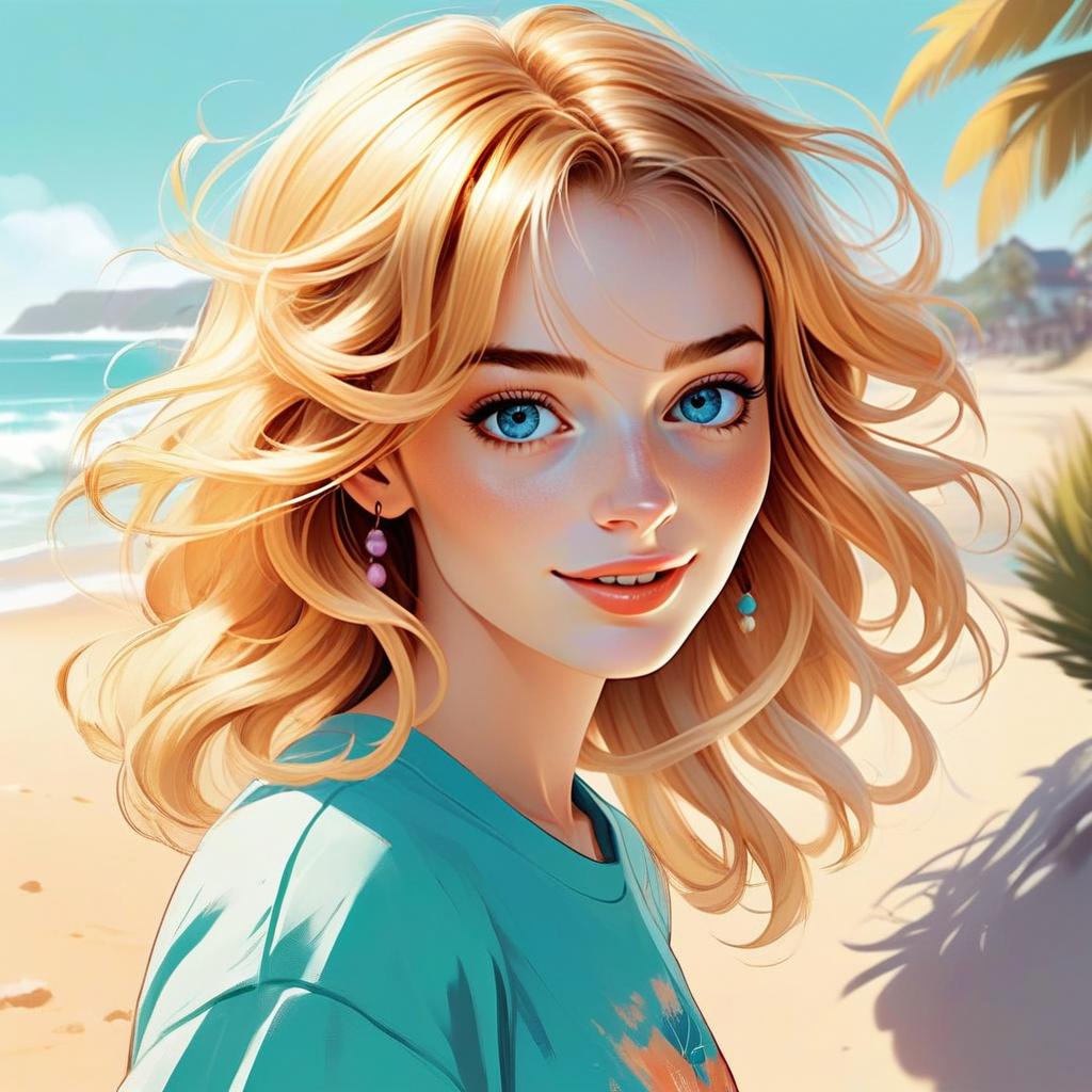 Young Woman on Sunny Beach - Anime Style