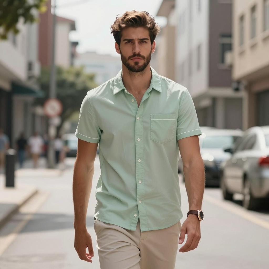 Young Man in Light Green Casual Shirt Walking on City Street