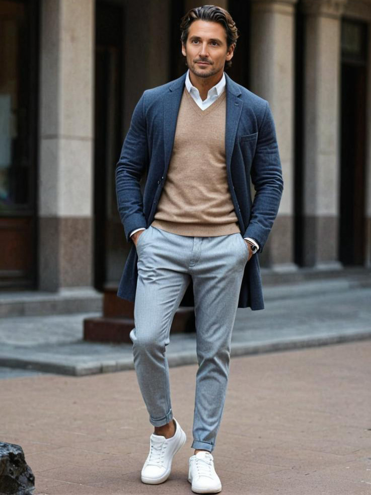 Man in smart casual outfit walking on street