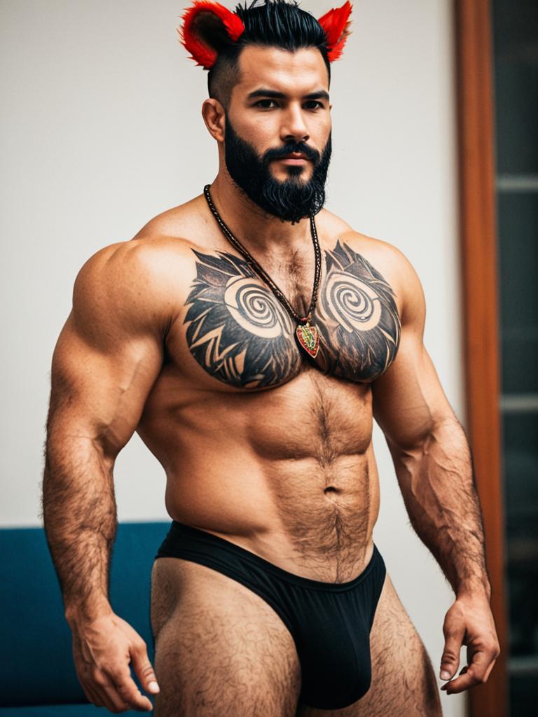 Muscular Man with Tribal Tattoos Wearing Red Furry Cat Ears and Black Thong