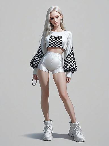 Modern Street Style Woman in Checkered Crop Top and Silver Shorts