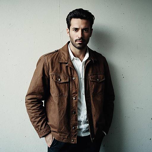 Stylish Man in Brown Jacket and White Shirt Standing Against Textured Wall