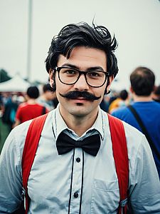 Man in Nerd Costume with Mustache at Cosplay Festival Portrait