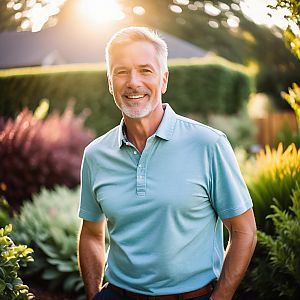 Mature man smiling in garden at golden hour