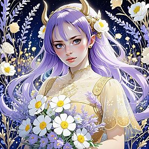 Ethereal Woman with Lavender Hair and Floral Bouquet