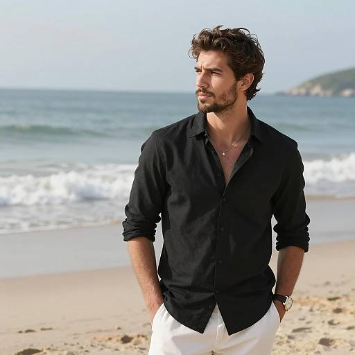 Stylish Young Man in Black Shirt Standing on Beach