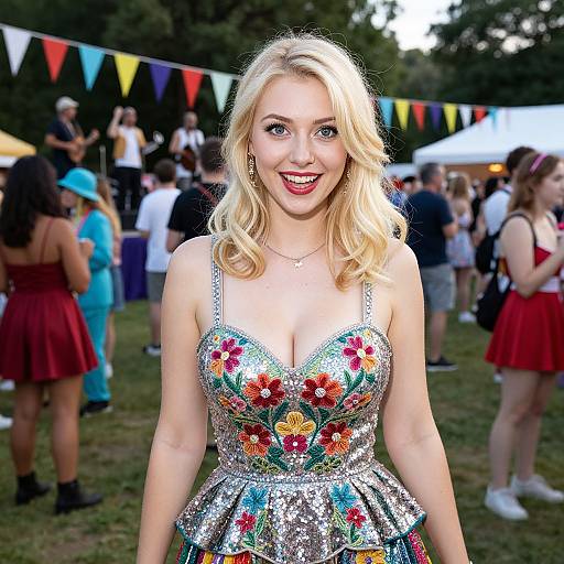 Blonde Woman in Floral Sequin Dress at Outdoor Festival