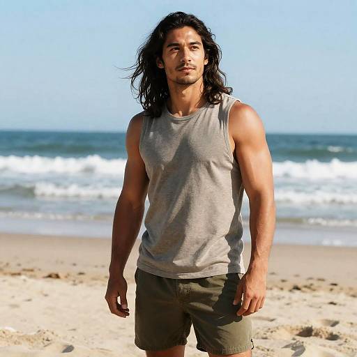 Young Man Standing on Beach Wearing Sleeveless Shirt and Shorts