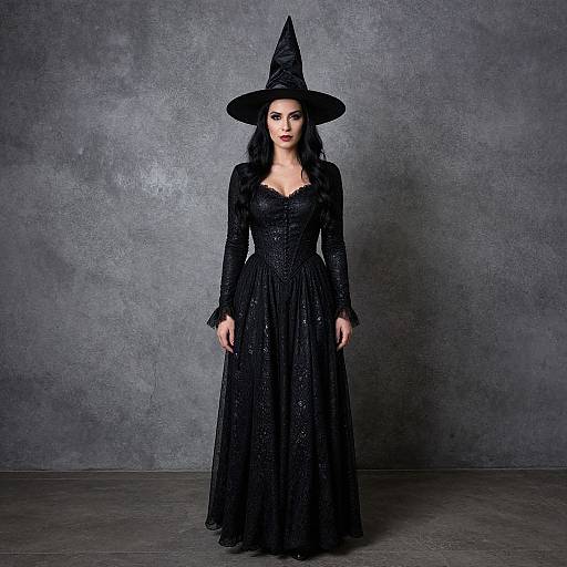 Elegant Woman in Black Witch Costume with Pointed Hat