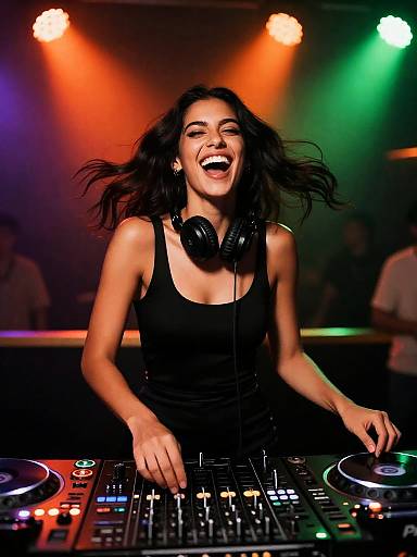 Energetic Gen Z Woman DJ Mixing Music at Nightclub