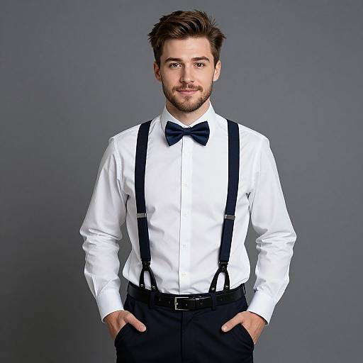 Young Man in White Shirt with Navy Suspenders and Bow Tie Portrait
