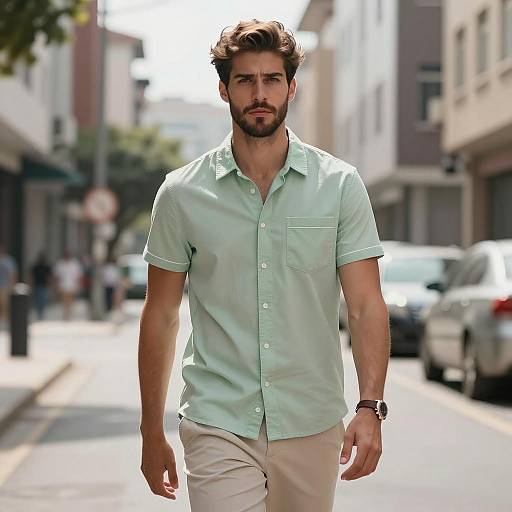 Young Man in Light Green Casual Shirt Walking on City Street
