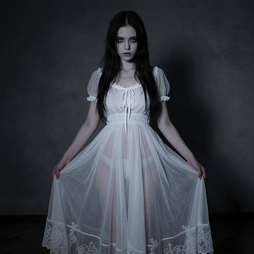 Ethereal Woman in Sheer White Dress with Gothic Aesthetic