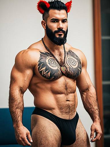 Muscular Man with Tribal Tattoos Wearing Red Furry Cat Ears and Black Thong