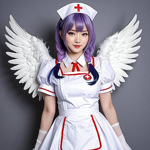 Woman in Angel Nurse Costume with Purple Hair and Wings