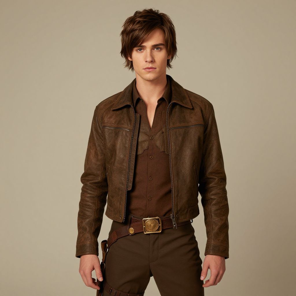 Young Man in Brown Leather Jacket and Vintage Style Outfit