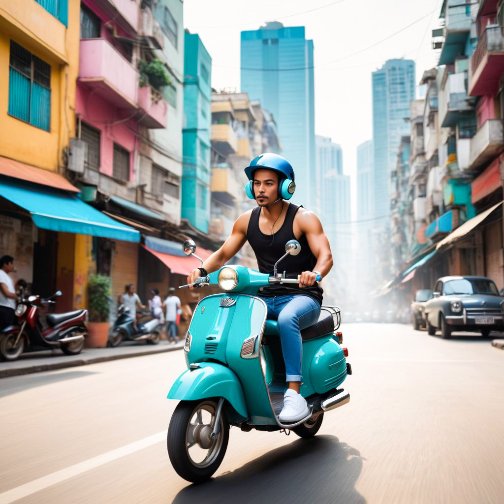 Confident Man on Vintage Teal Scooter in Urban Setting