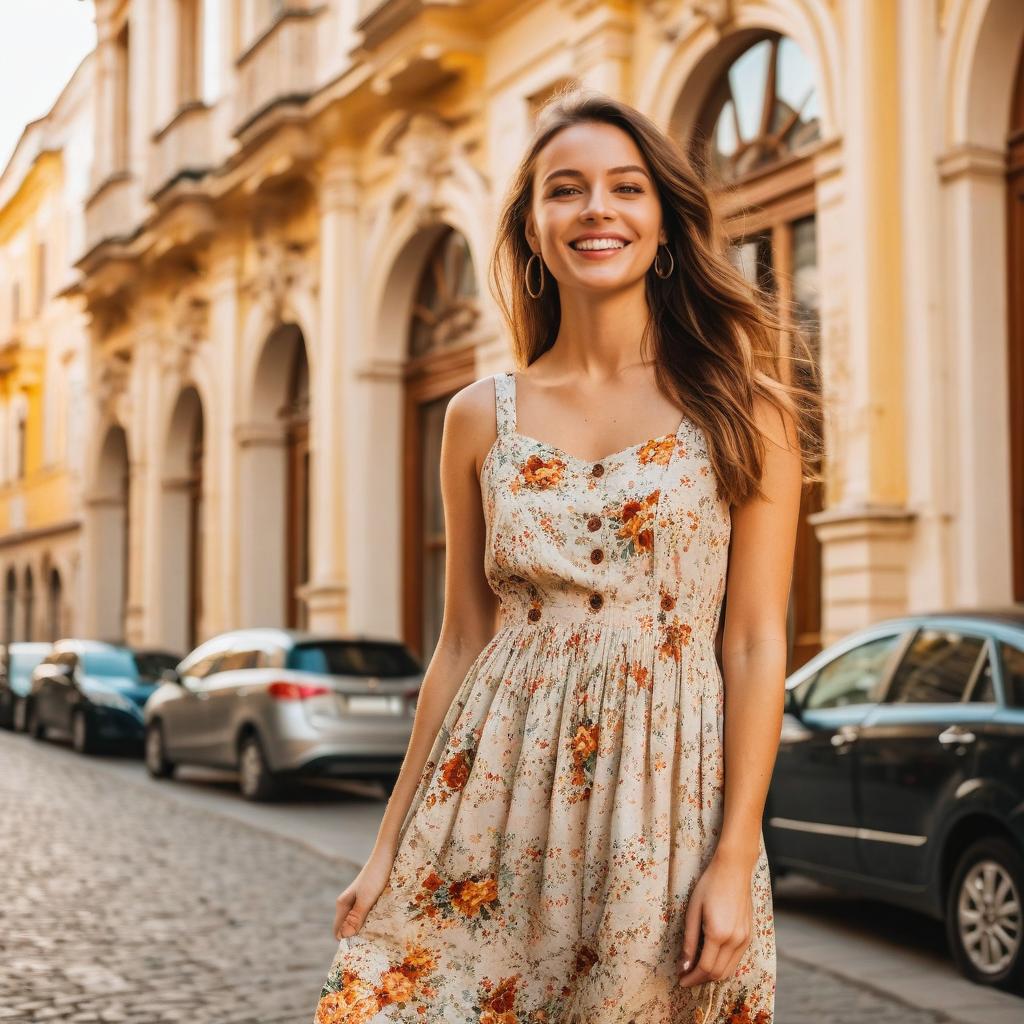 Smiling Woman in Floral Dress on Historic Cobblestone Street