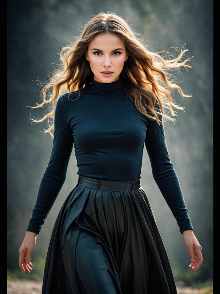 Elegant Woman in Black Turtleneck and Skirt