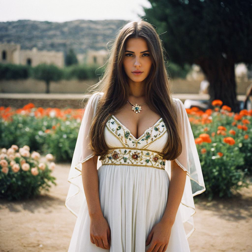 Young Woman in Elegant White Dress in Garden Young Woman in Elegant White Dress in Garden