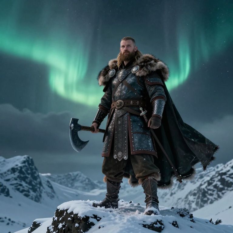 Viking Warrior with Battle Axe Under Northern Lights Snowy Mountains