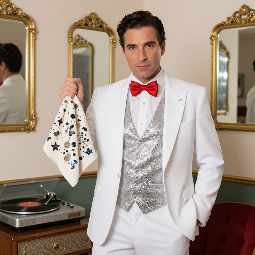 Man in White Tuxedo with Red Bow Tie and Silver Vest Holding Decorated Handkerchief