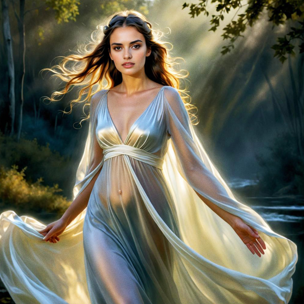 Enchanting Woman in Ethereal Gown in Forest Light